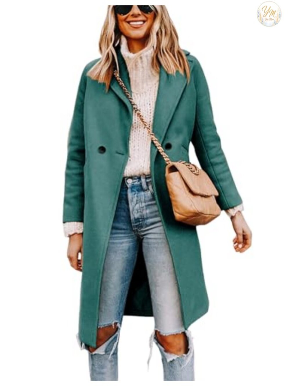 Women's Wool Blend Pea Coat Long Trench with Notch Lapel and Pockets